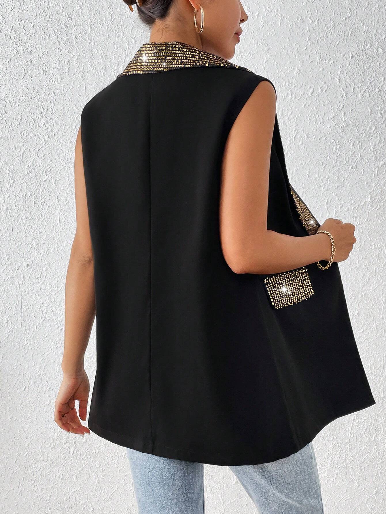 SHEIN Frenchy Women's Glitter Patchwork Cape Collar Sleeveless Blazer Jacket