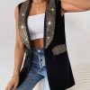SHEIN Frenchy Women's Glitter Patchwork Cape Collar Sleeveless Blazer Jacket