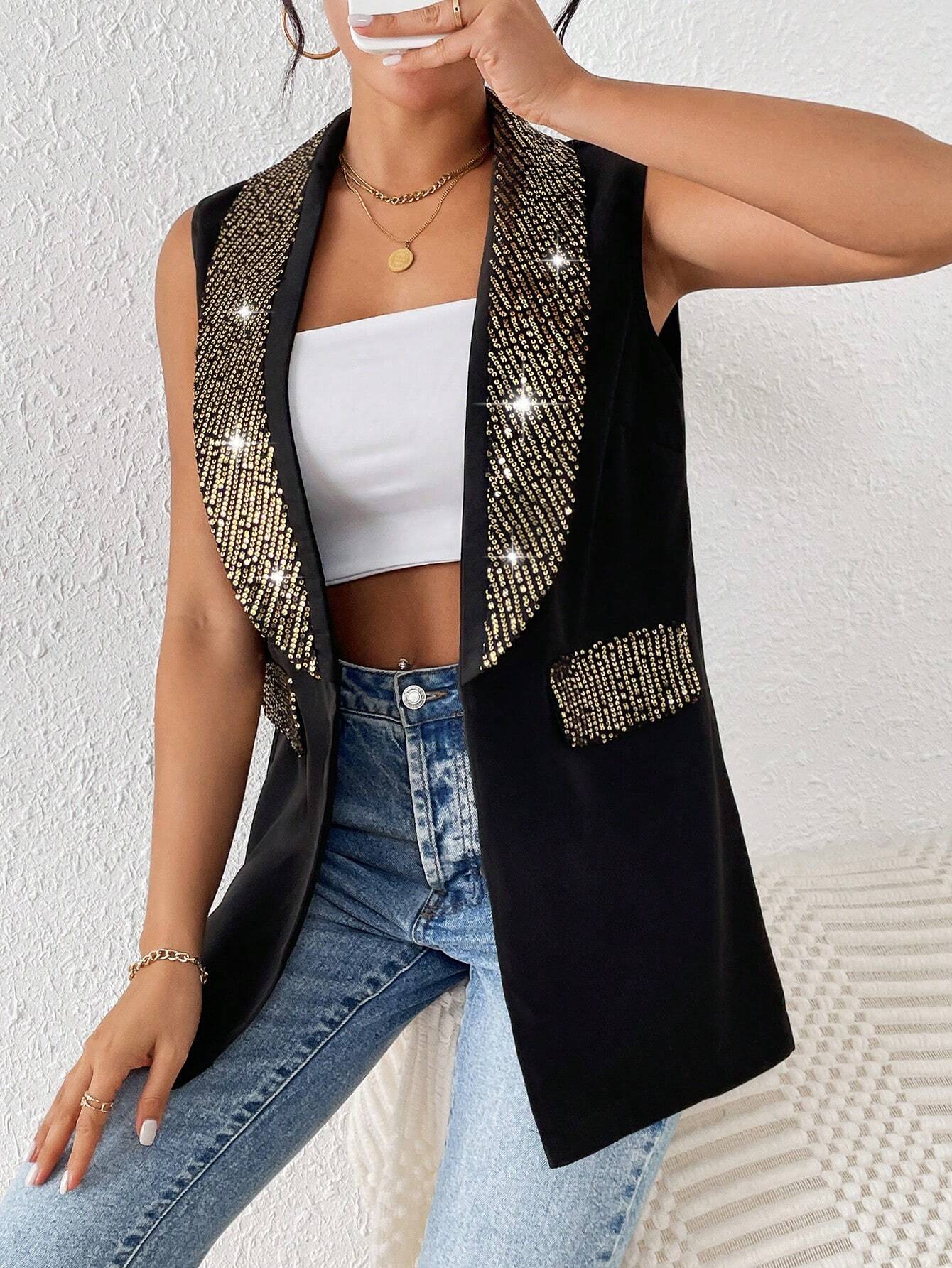 SHEIN Frenchy Women's Glitter Patchwork Cape Collar Sleeveless Blazer Jacket