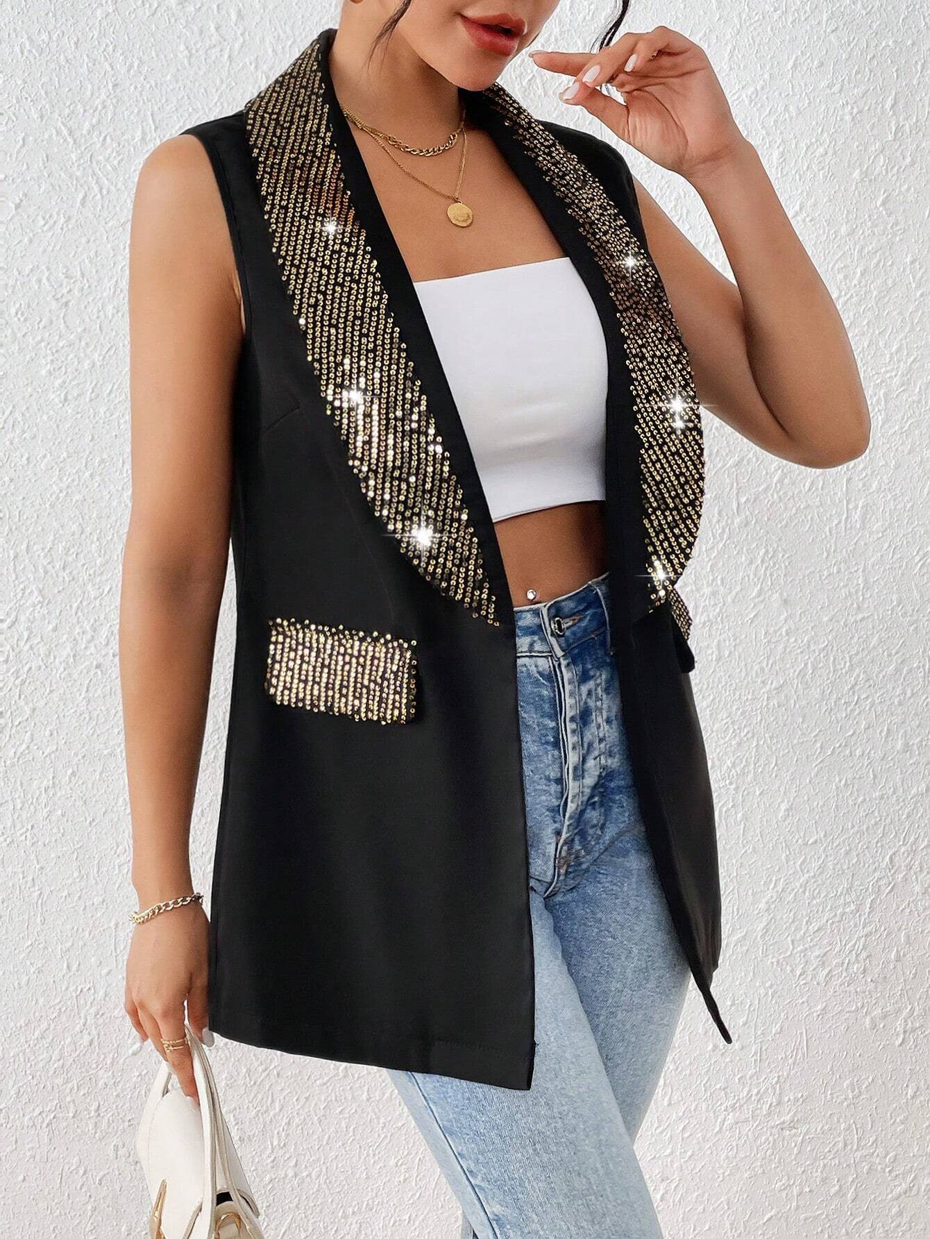 SHEIN Frenchy Women's Glitter Patchwork Cape Collar Sleeveless Blazer Jacket