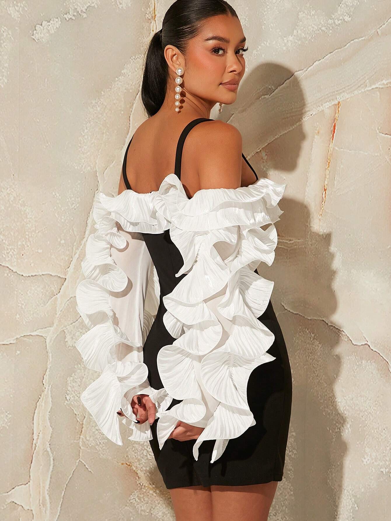 SHEIN Haute Women's Ruffle Asymmetrical Color Block Ruffle Dress