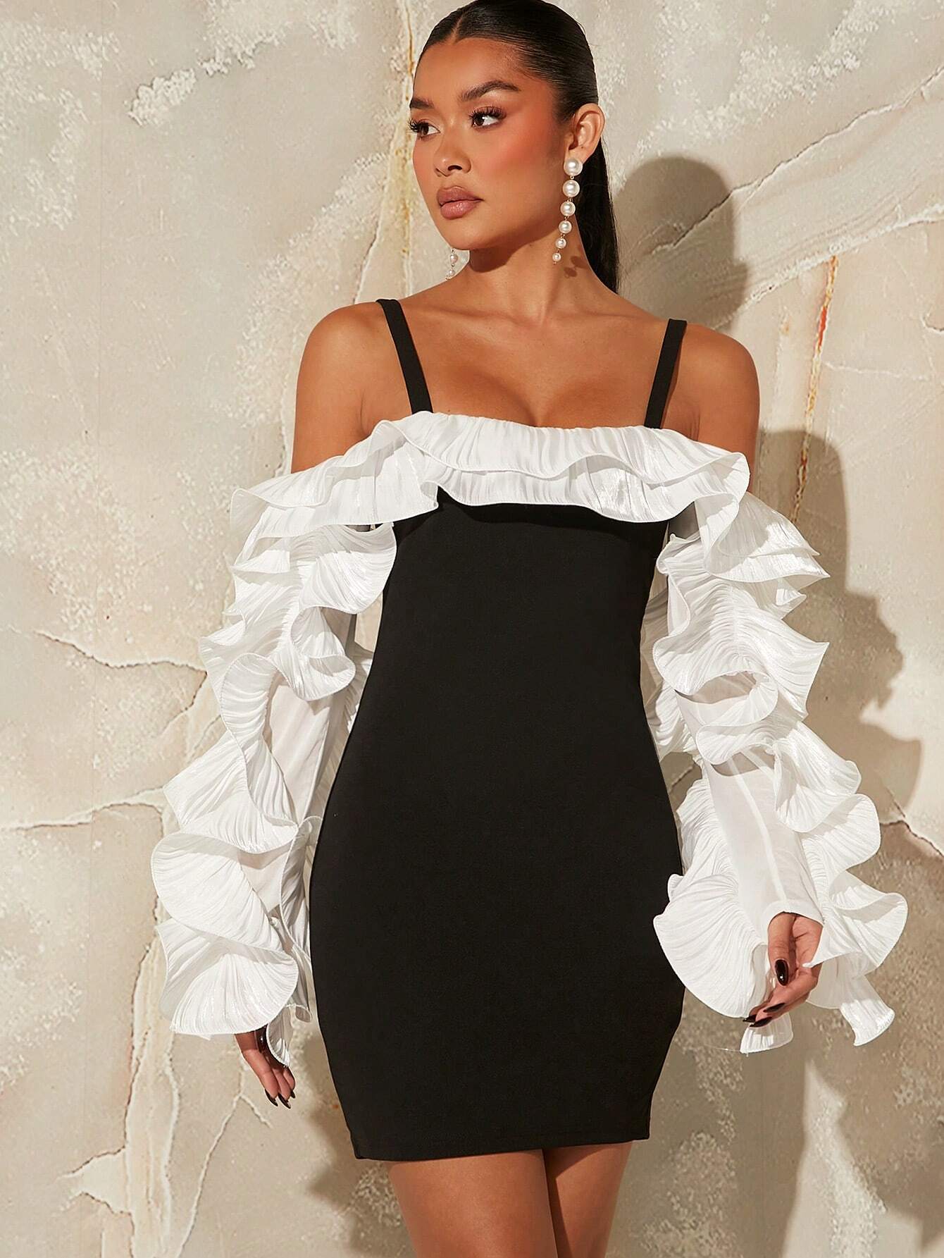 SHEIN Haute Women's Ruffle Asymmetrical Color Block Ruffle Dress