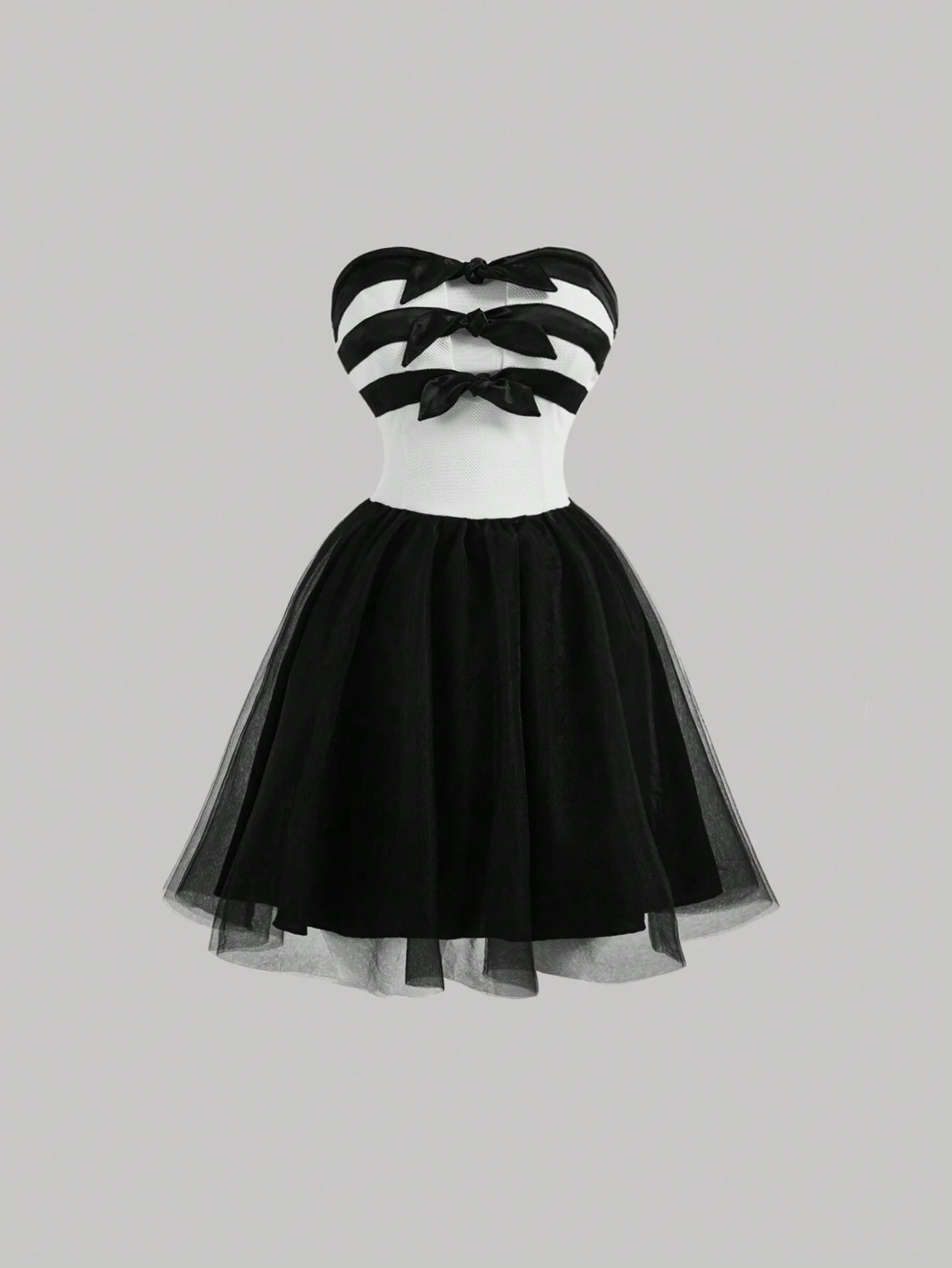 SHEIN MOD Color Block Strapless Mini Dress With Bowknot & Tulle Splicing Graduation Party