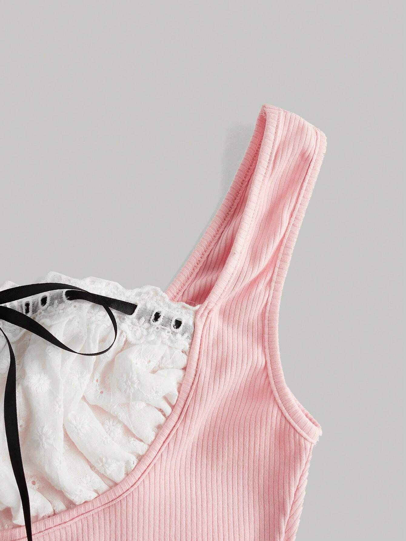 SHEIN MOD Summer Sweetheart Color-Block Hollow Out Embroidery Patchwork Lace-Up Tank Top - Image 3