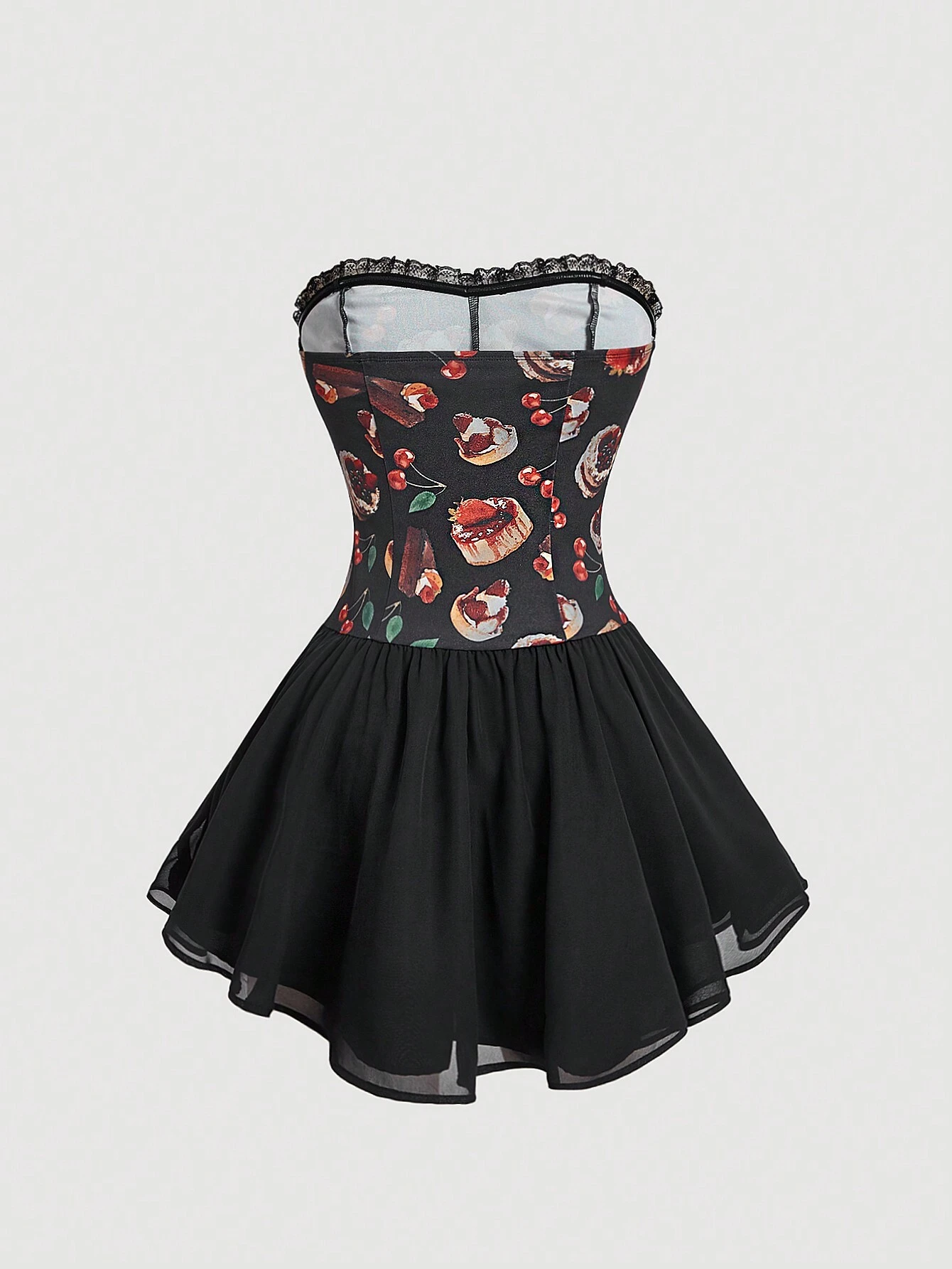 SHEIN MOD Women's Strapless Skater Bodycon Dress, Red & Black Cute Cherry Cake Printed,Cute Food Graphic Dress, - Image 2