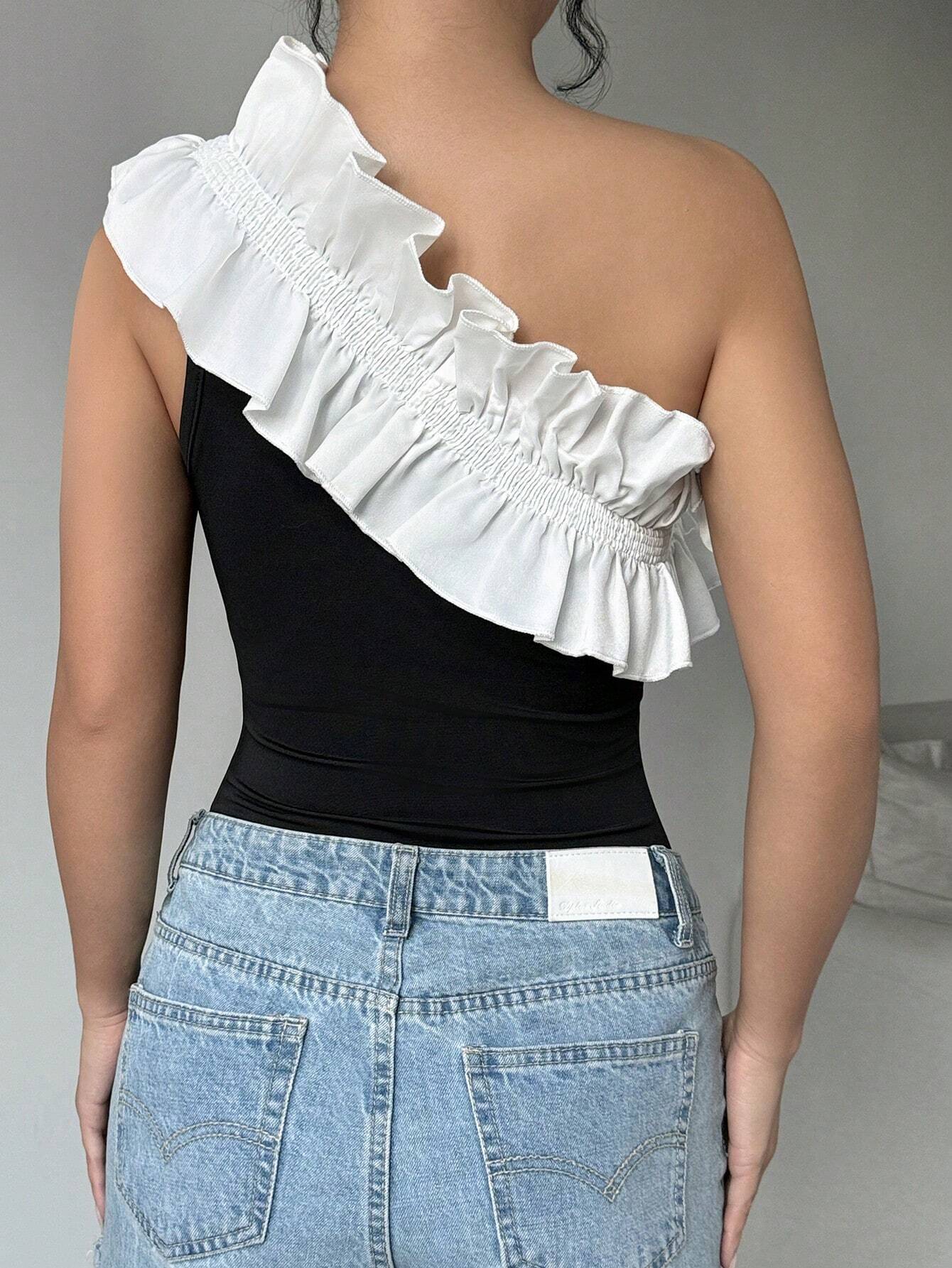 SHEIN Privé Women's Asymmetrical Neckline Ruffle Trimmed Slimming Elegant Bodysuit - Image 2