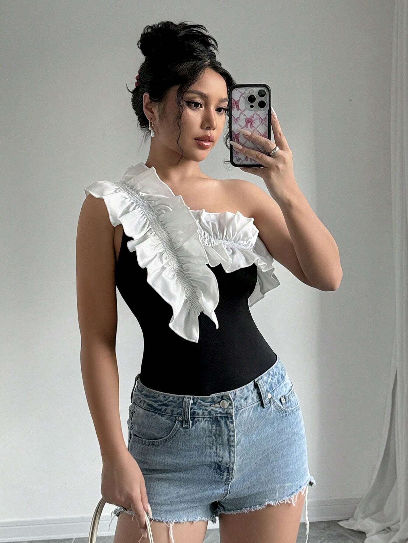 SHEIN Privé Women's Asymmetrical Neckline Ruffle Trimmed Slimming Elegant Bodysuit - Image 3