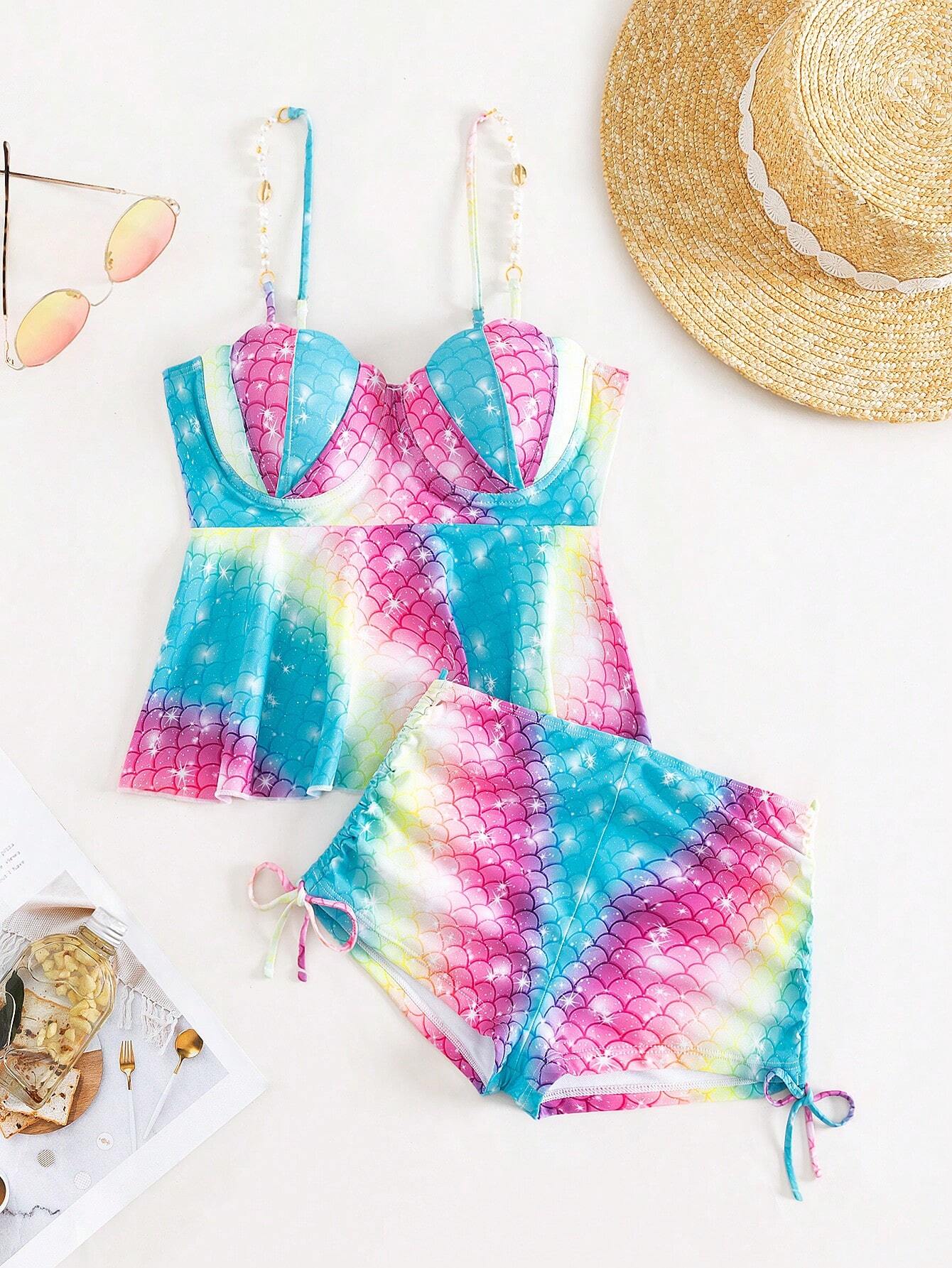 Swim Summer Beach Fish Scales Print Push Up Shorts Tankini
