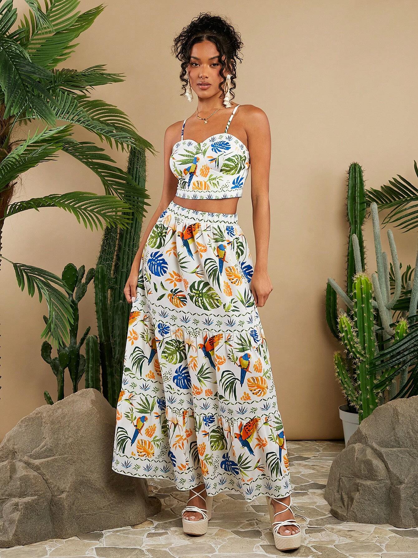 SHEIN VCAY Vacation Knitted Plant Printed Crop Top And Skirt Set