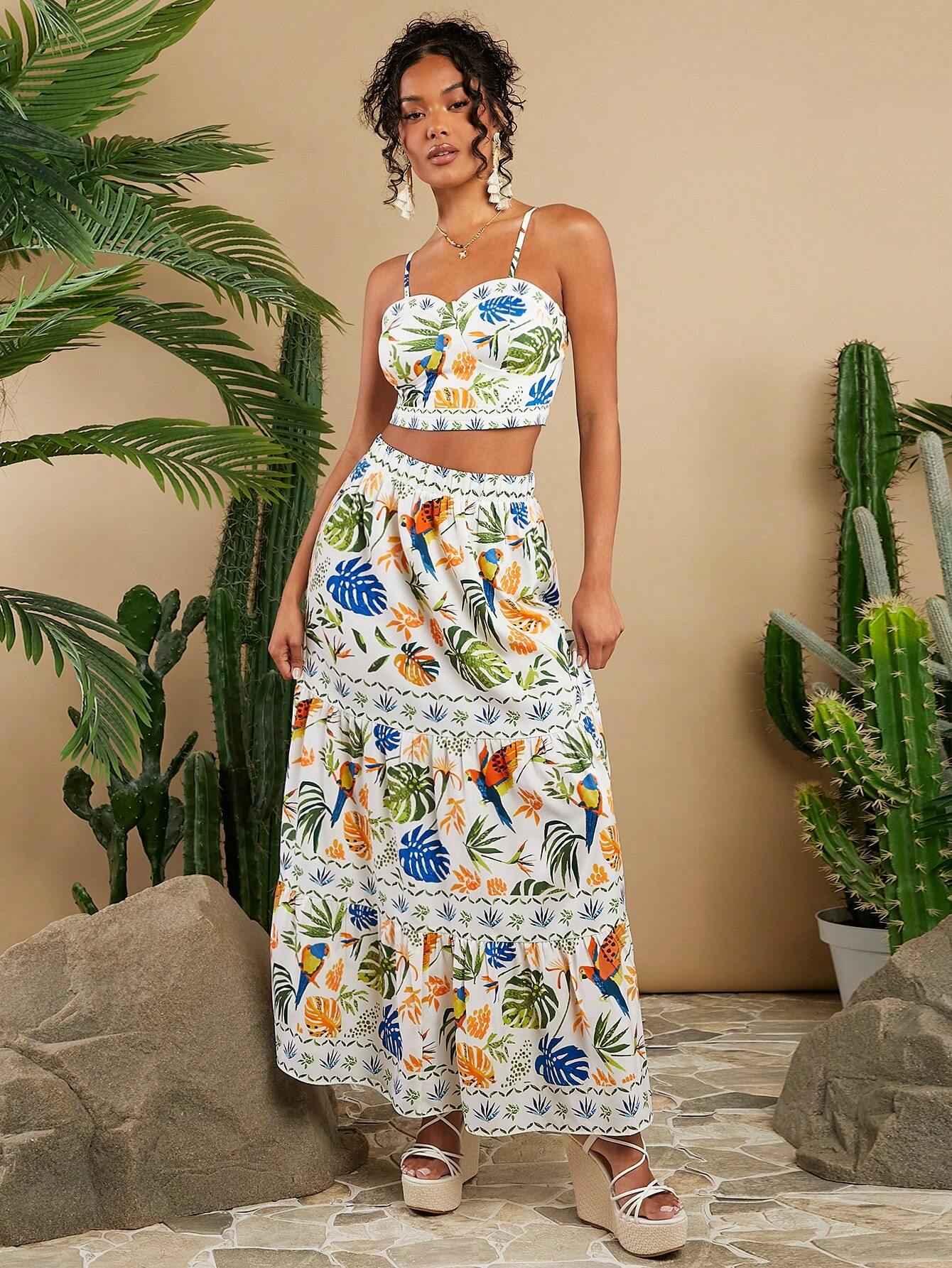 SHEIN VCAY Vacation Knitted Plant Printed Crop Top And Skirt Set - Image 3