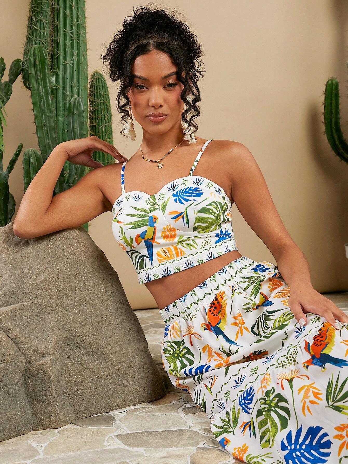 SHEIN VCAY Vacation Knitted Plant Printed Crop Top And Skirt Set - Image 4