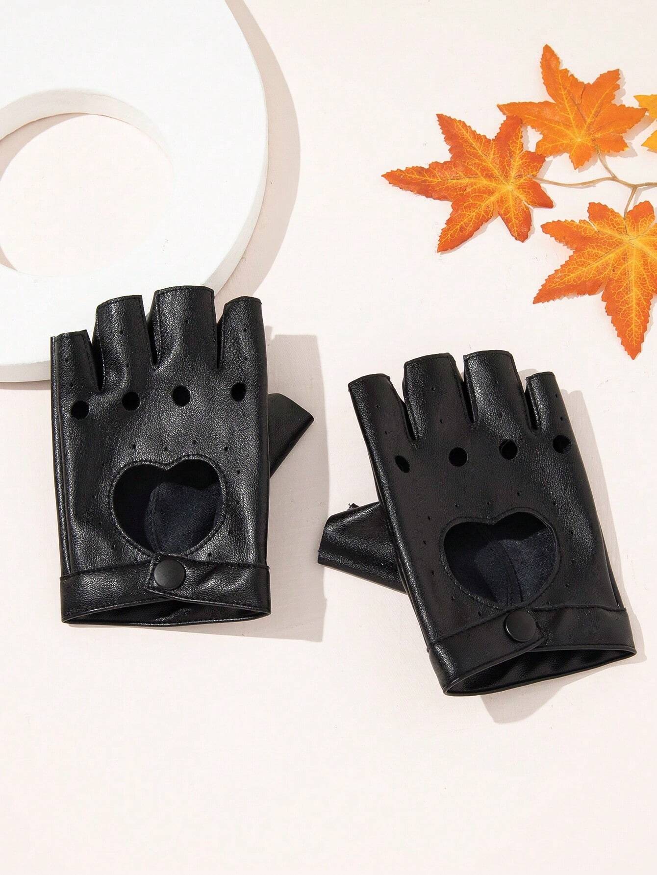 SHEIN 1 Pair Motorcycle Heart-Shaped PU Leather Gloves