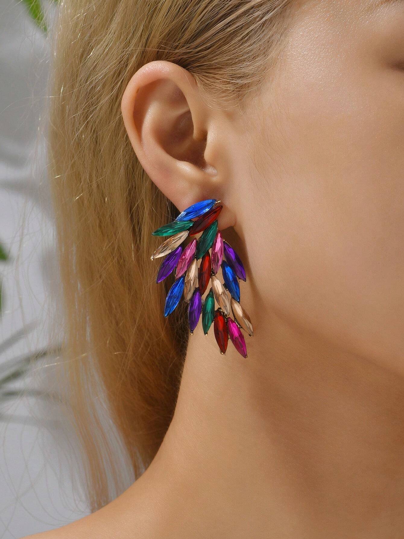 SHEIN 1pair Fashionable Charming Wing Shape Rhinestone Earrings For Daily Wear