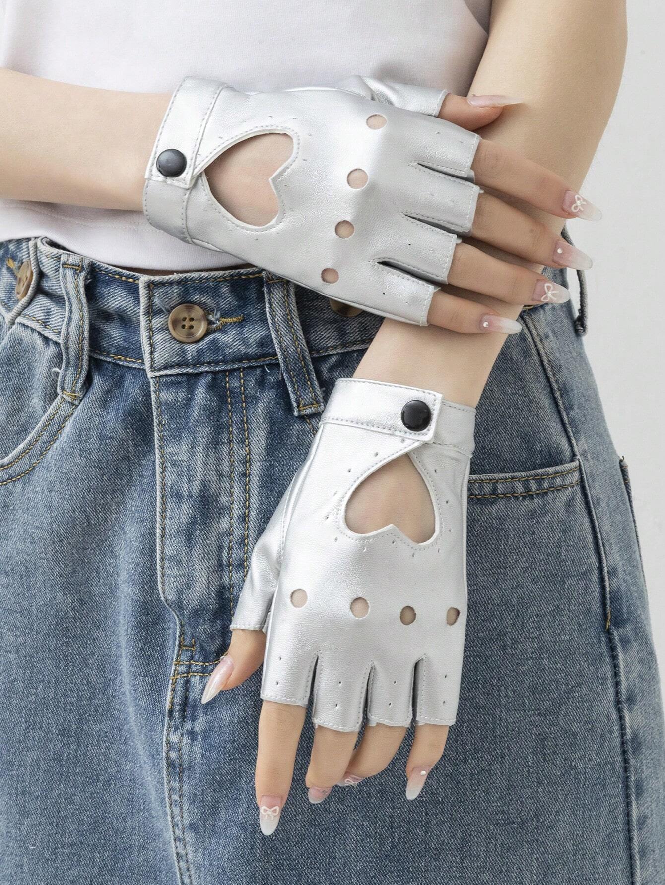 1pair Hollow Heart PU Leather Fingerless Gloves Suitable For Outdoor Riding