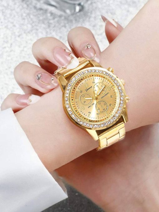 SHEIN 1pc Ladies Watch Gold Watch Women's Casual Business Quartz Watch Stainless Steel Alloy Strap With Rhineston