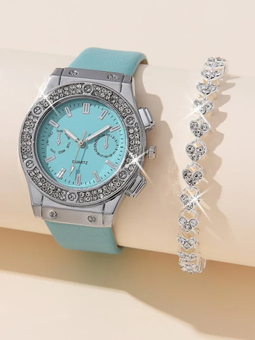 1pc Ladies Watch Rhinestone Decor Quartz Watch & 1pc Bracelet Holiday