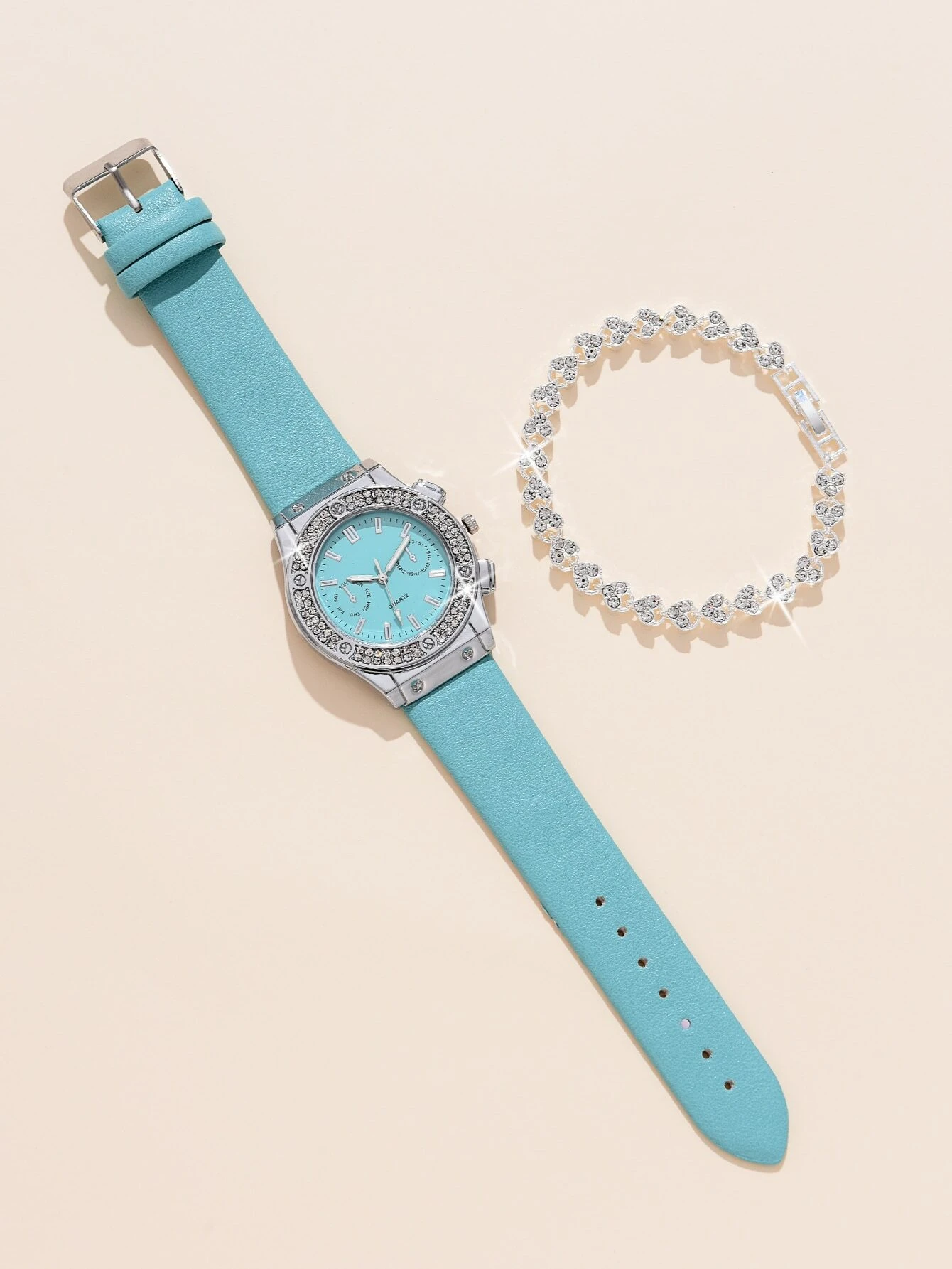 SHEIN 1pc Ladies Watch Rhinestone Decor Quartz Watch & 1pc Bracelet Holiday - Image 2