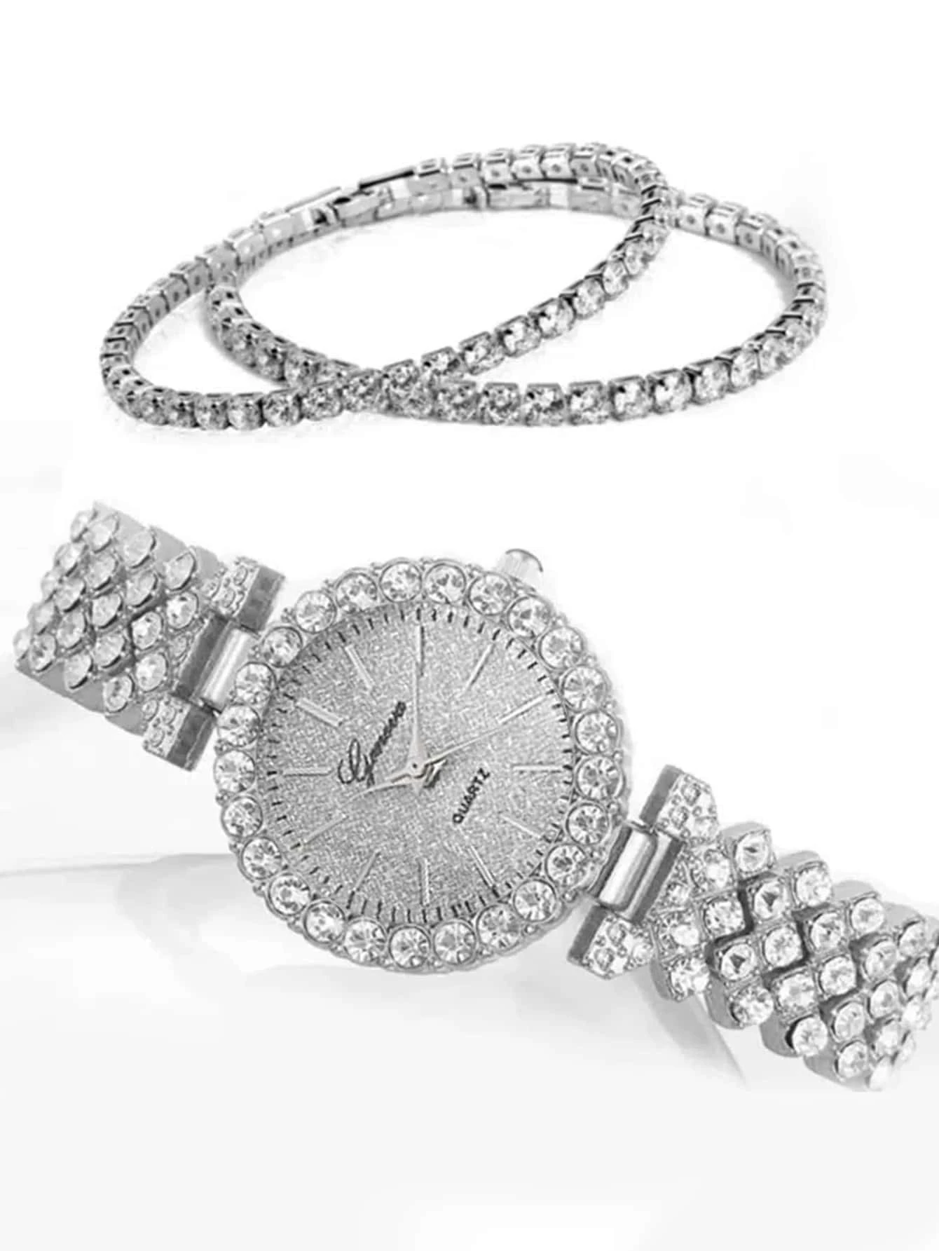 SHEIN 1pc Rhinestone Decor Quartz Watch & 2pcs Rhinestone Decor Bracelet Holiday - Image 2
