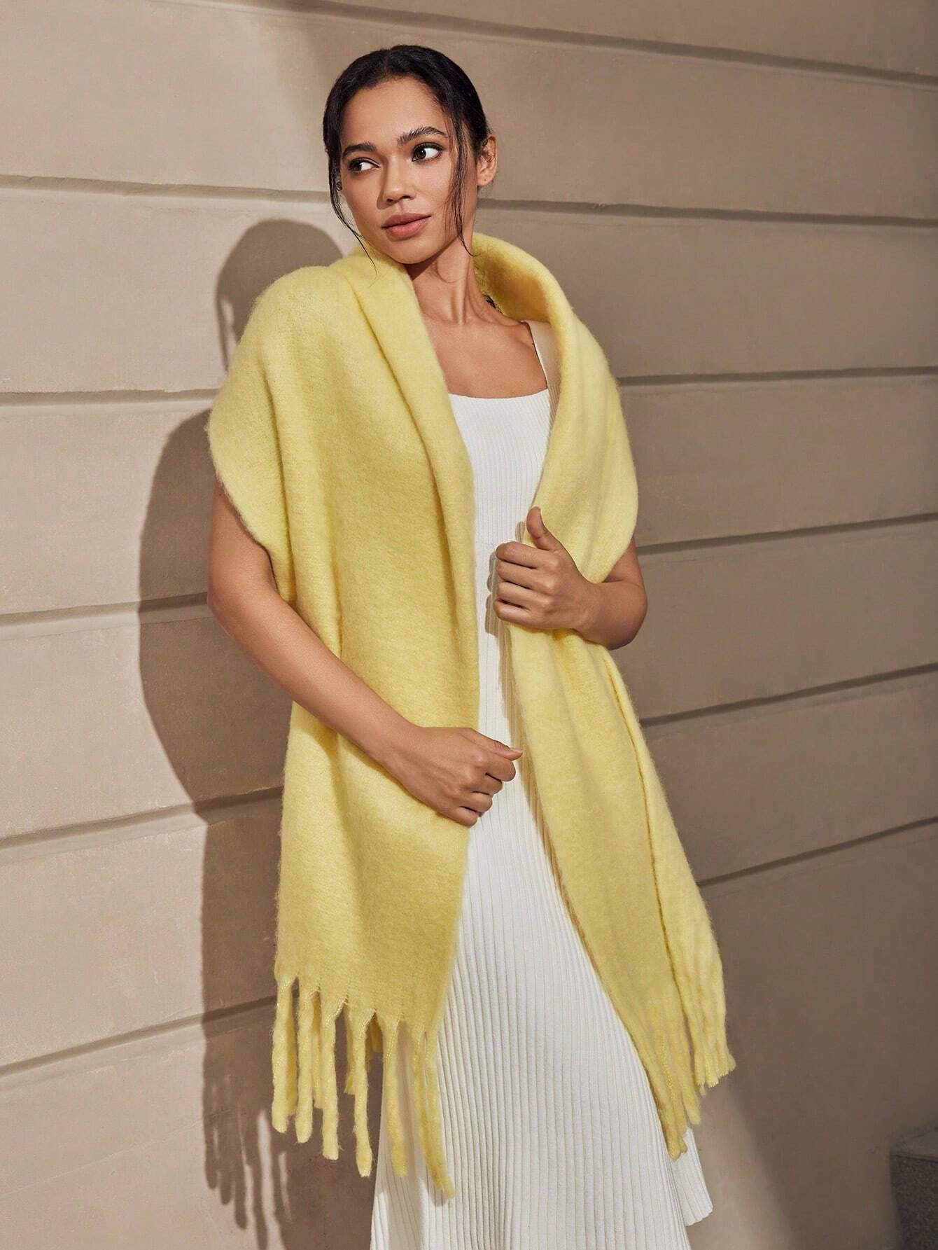 SHEIN 1pc Solid Women Scarf With Tassel Hem For Outdoor Activities, Windproof & Warm Shawl , Suitable For Daily Use Halloween - Image 2