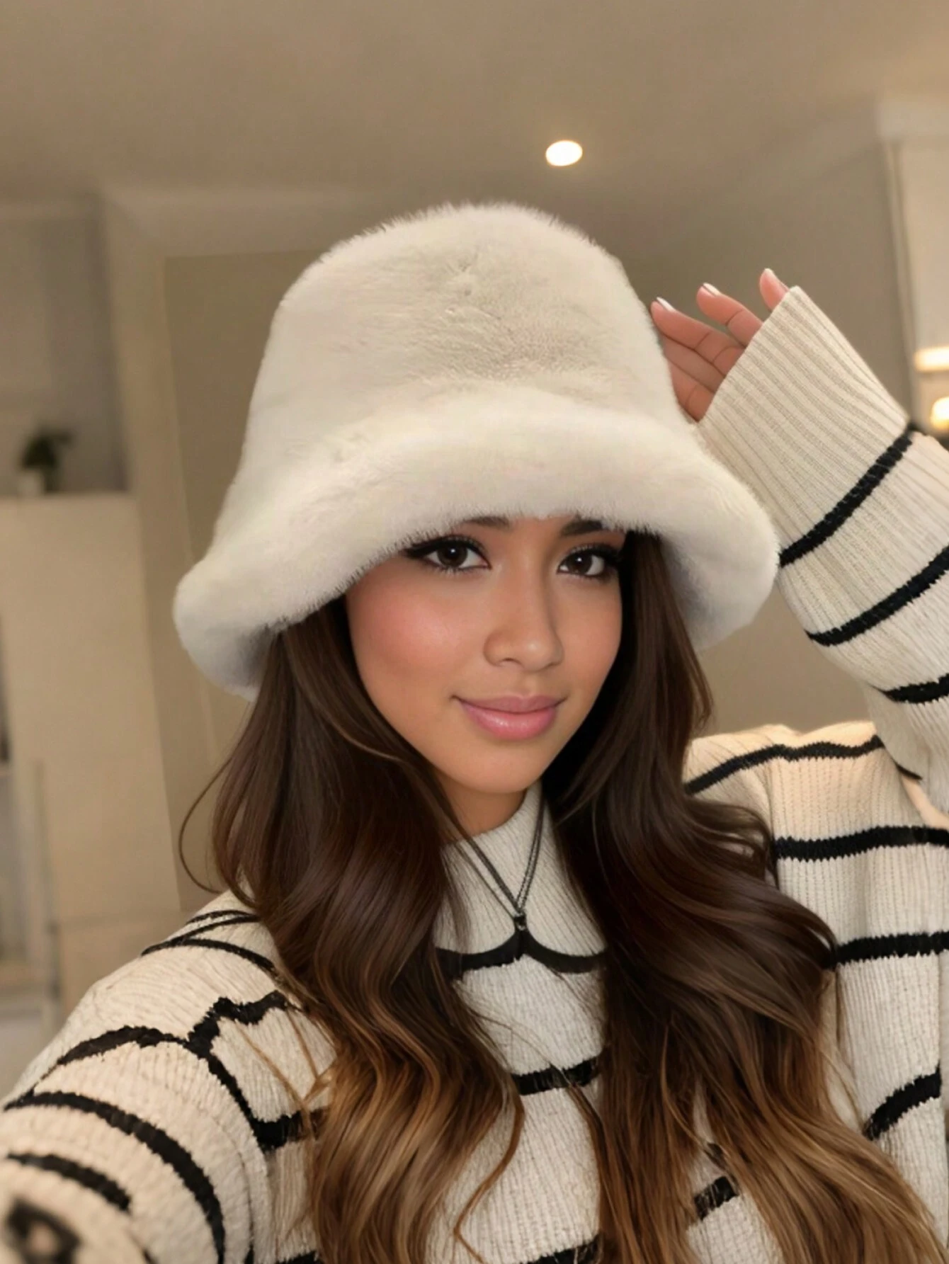 SHEIN 1pc Women's Fashion Faux Fur Bucket Hat - Thick Warm Windproof Winter Bucket Hat, Comfortable Lining - Image 2