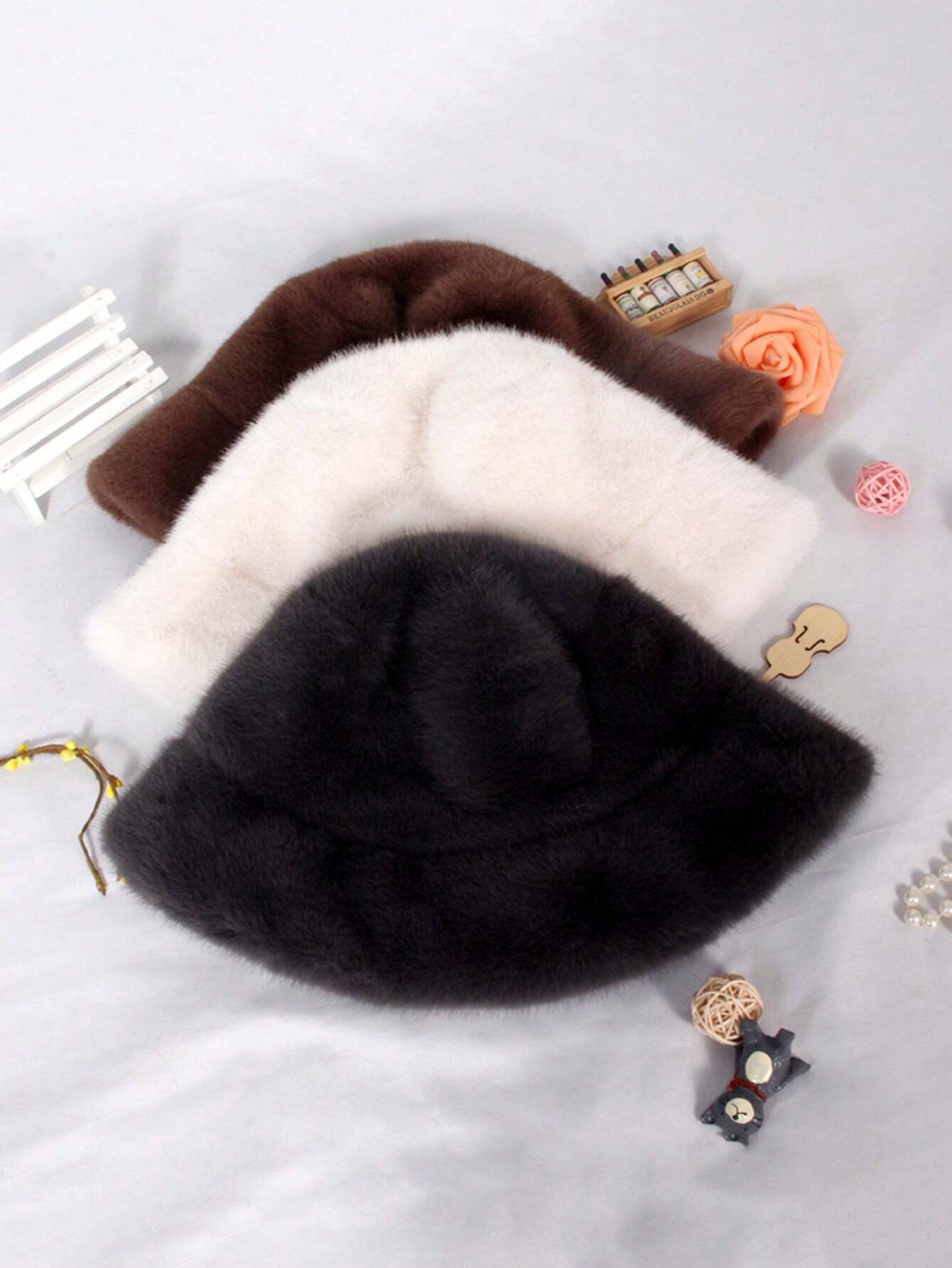 SHEIN 1pc Women's Fashion Faux Fur Bucket Hat - Thick Warm Windproof Winter Bucket Hat, Comfortable Lining - Image 3