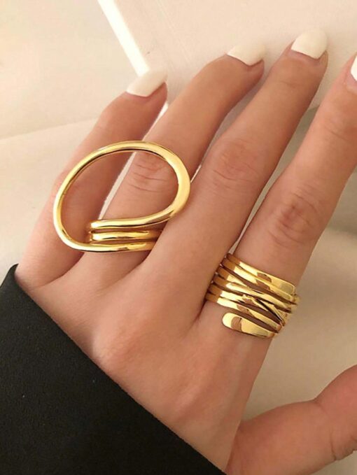 SHEIN 2pcs/Set Spiral Multilayer Chunky Geometric Hollow Twist Open Joint Ring Set Rings For Women