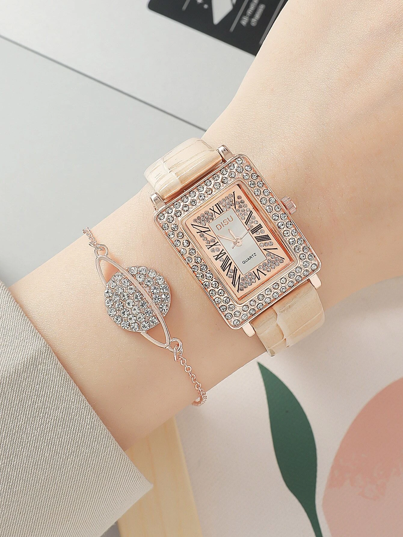 DISU 1pc Rectangle Pointer Quartz Watch & 1pc Bracelet Holiday As A Gift For Students Returning To School