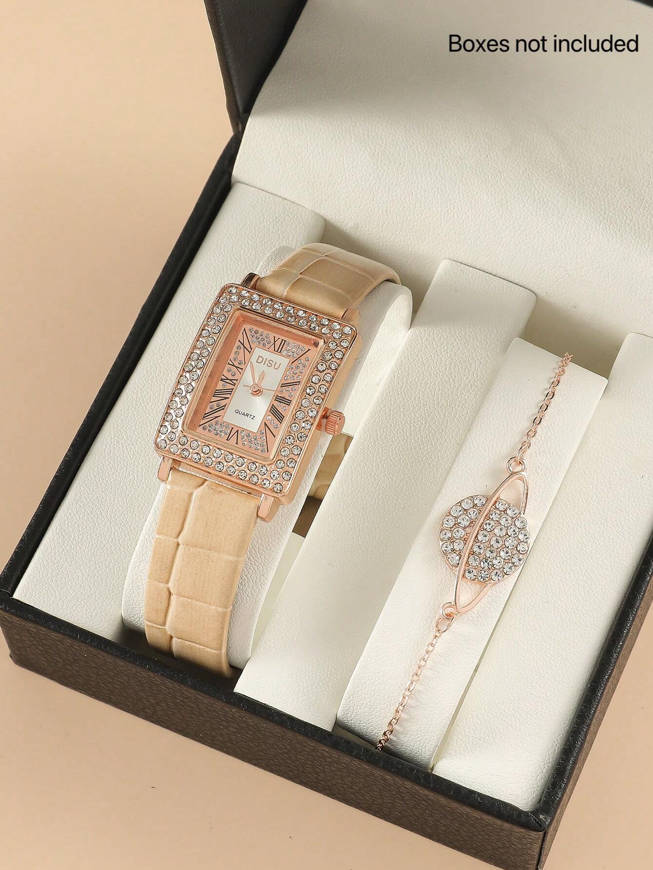 SHEIN DISU 1pc Rectangle Pointer Quartz Watch & 1pc Bracelet Holiday As A Gift For Students Returning To School - Image 2