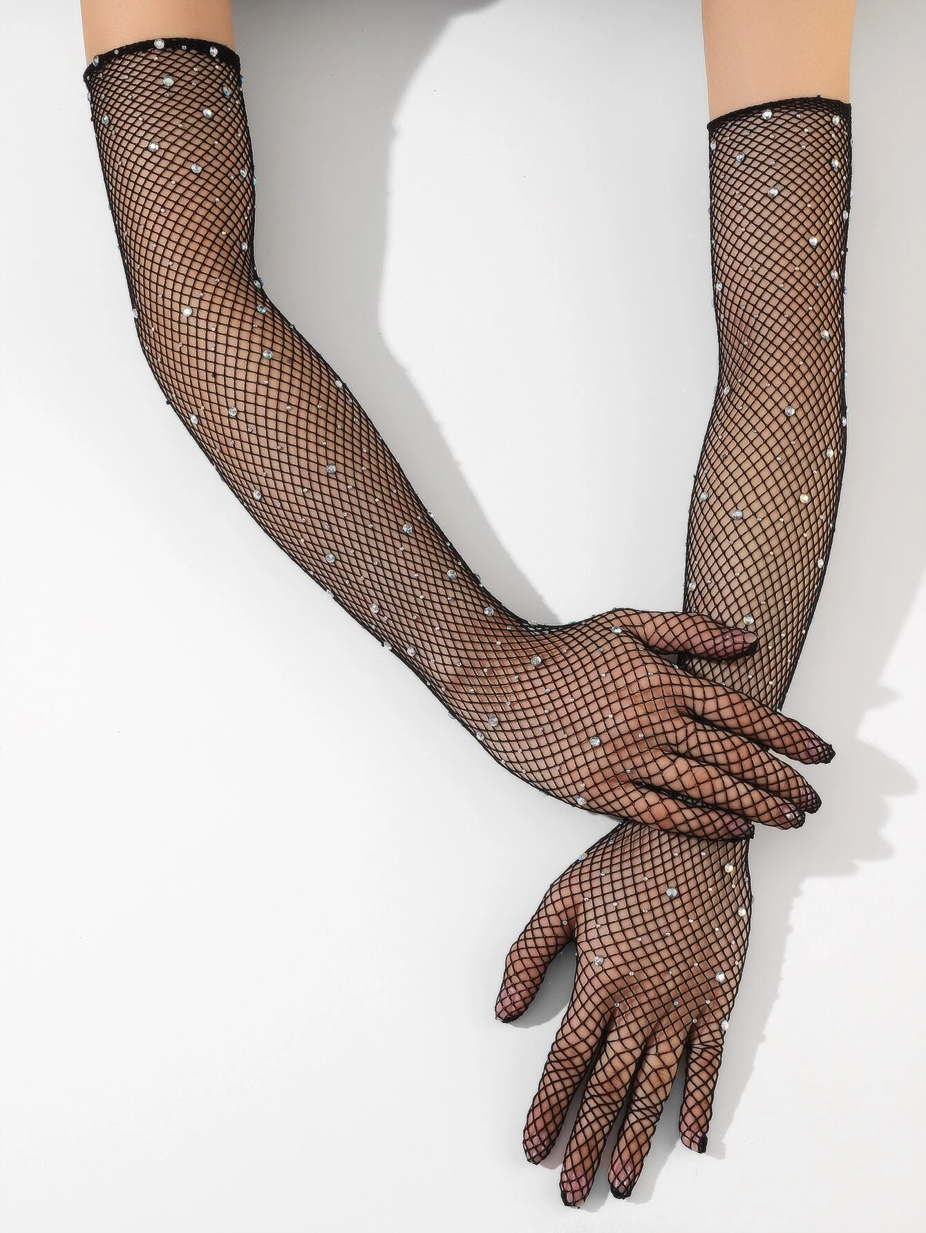 SHEIN Rhinestone Decor Fishnet Long Gloves
