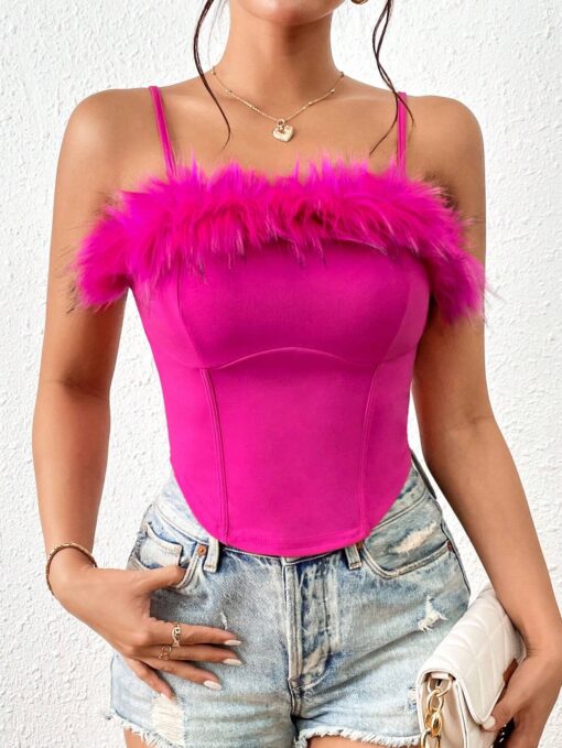 SHEIN Allurite Fuzzy Trim Cami Top