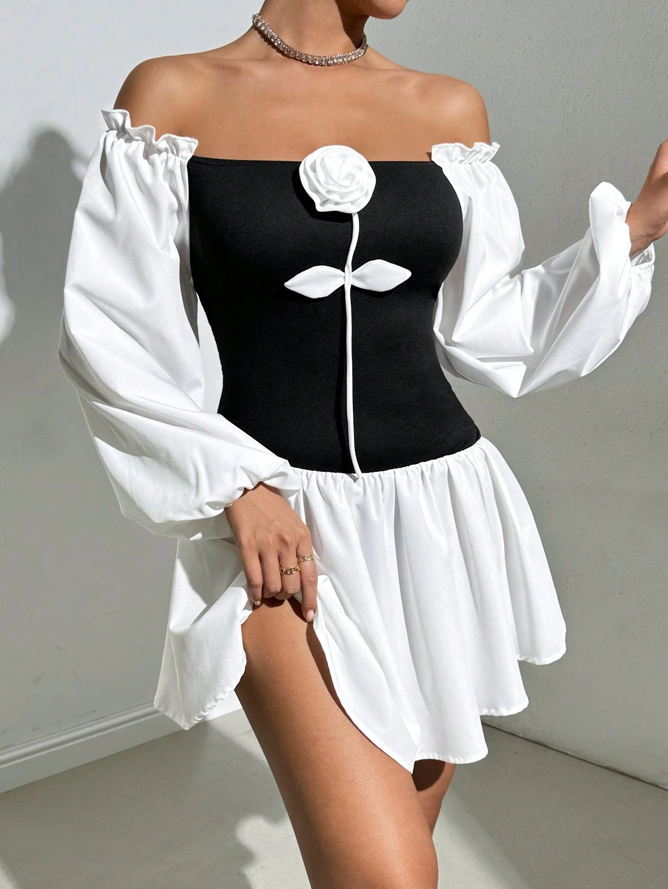 SHEIN Allurite Women's Elegant Open Shoulder Contrast Color 3D Floral Puff Sleeve Off-Shoulder Dress