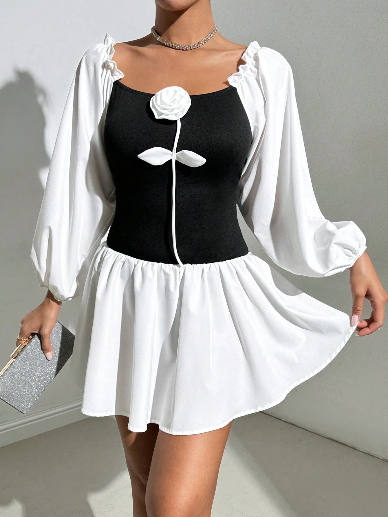 SHEIN Allurite Women's Elegant Open Shoulder Contrast Color 3D Floral Puff Sleeve Off-Shoulder Dress - Image 4