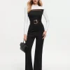 SHEIN BIZwear Women's Mesh Stitching Color Block Flared Jumpsuit