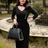 SHEIN DECDS Vintage Elegant Women's Fitted Knit Bodycon Midi Dress, Black Long Sleeve Dress With Metal Buttons