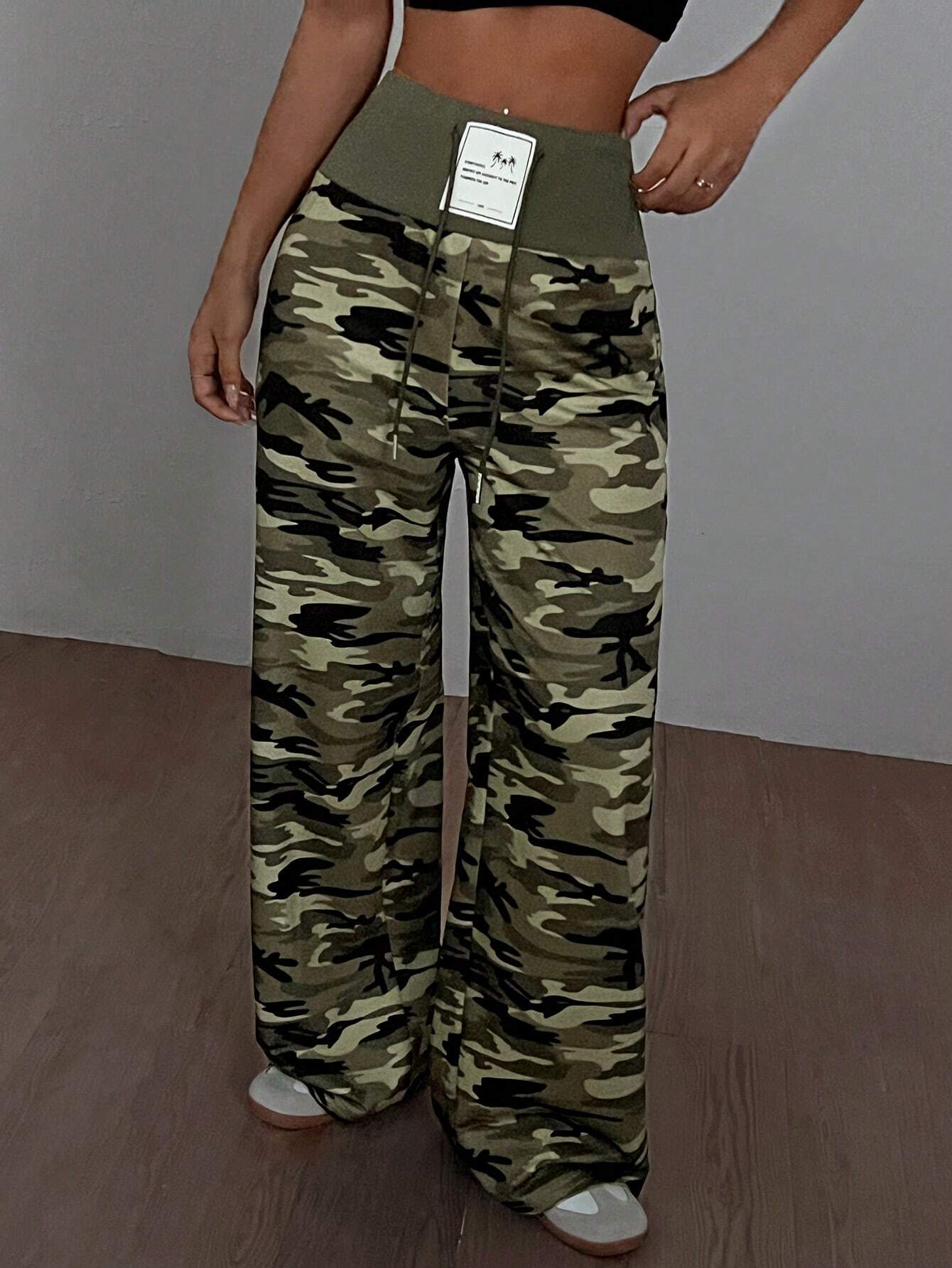 SHEIN EZwear Summer Sports & Leisure Wide-Waisted Green Camo Loose Straight-Leg Pants