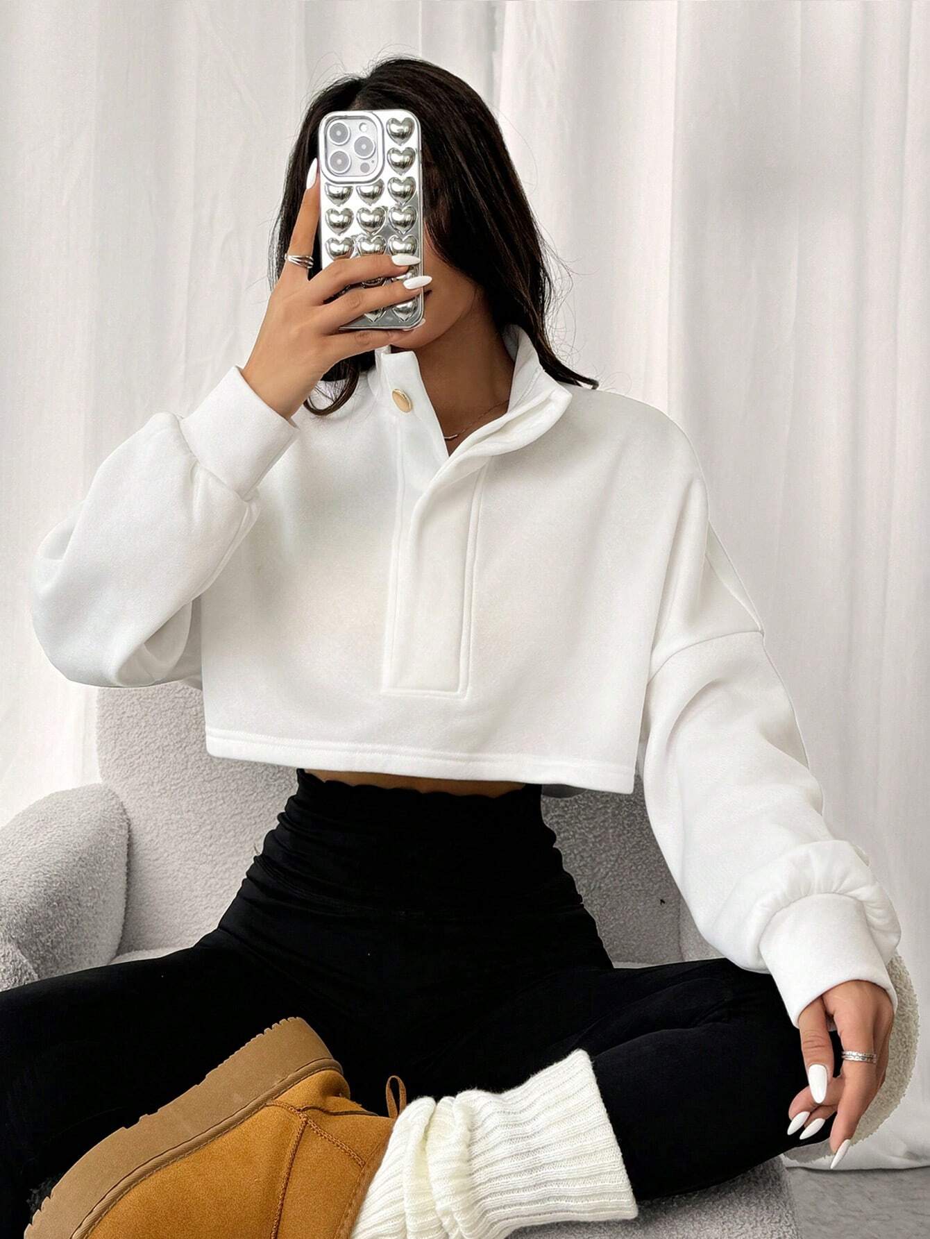 SHEIN EZwear Women Stand Collar Front Button Long Sleeve Sweatshirt - Image 4