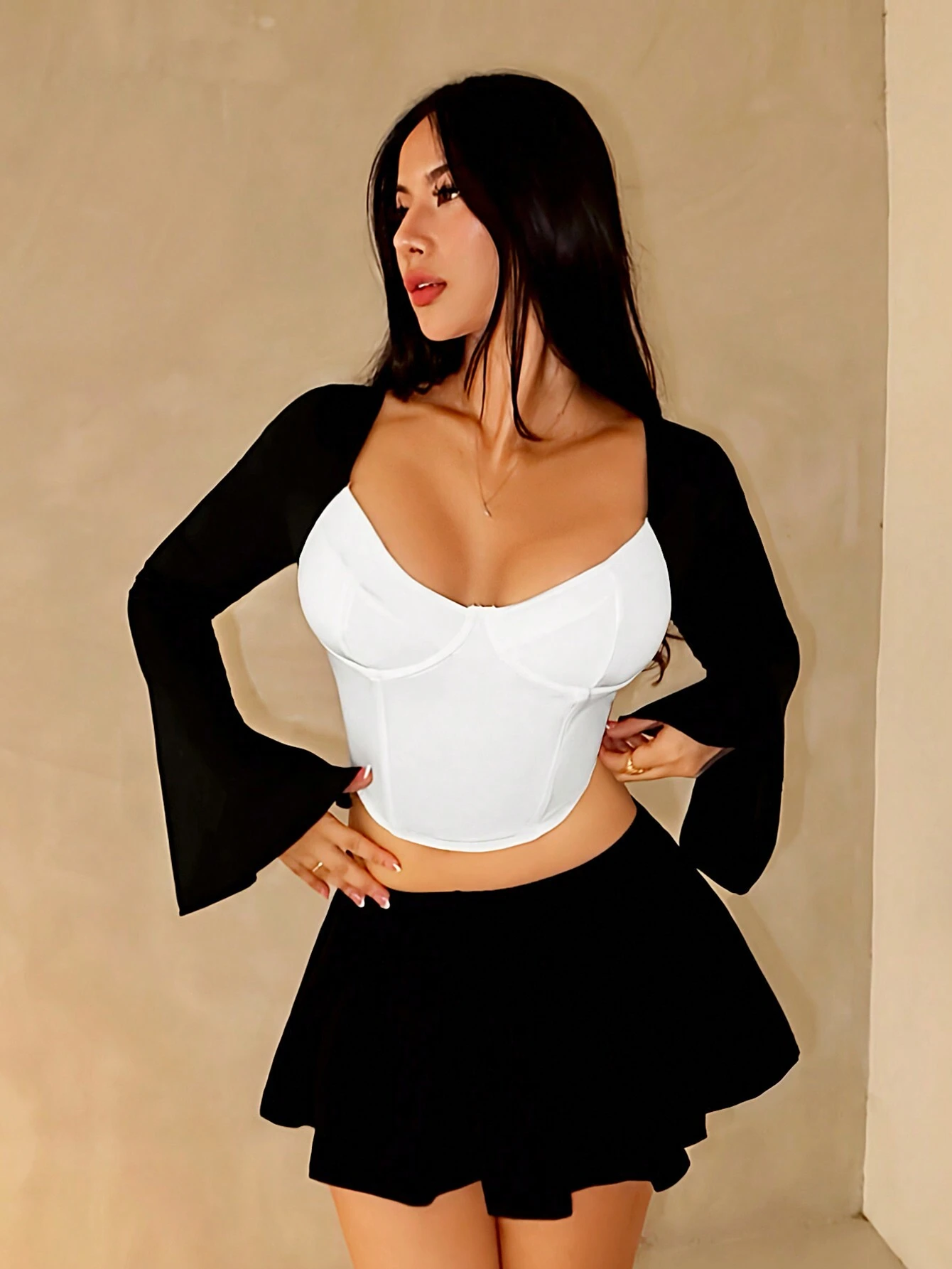 SHEIN Foxxy Women's Colorblock Sweetheart Collar Long Sleeve Casual Top