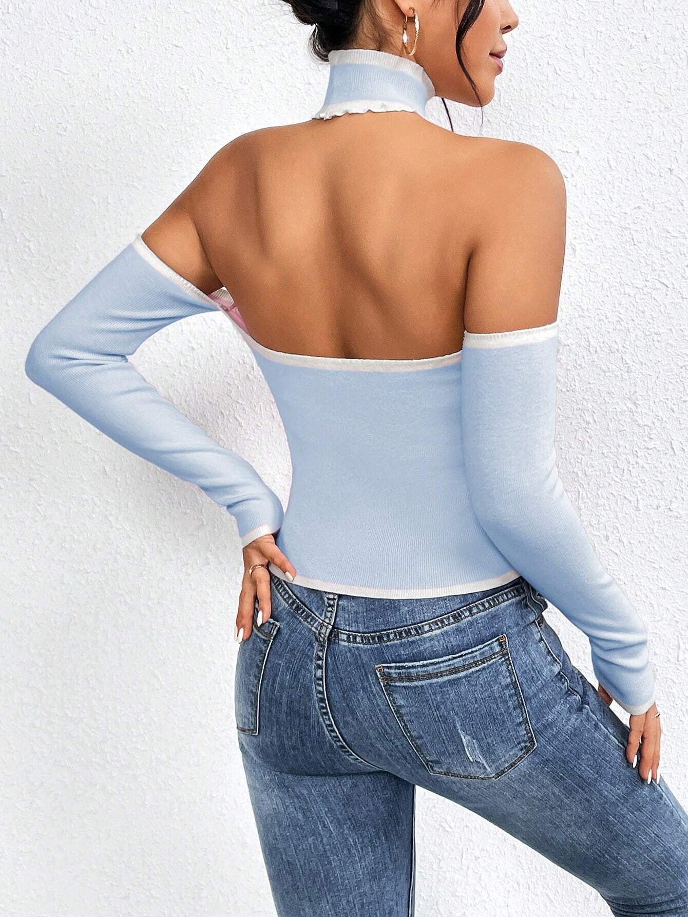 SHEIN MOOSTA Color Block Knitted Pullover Sweater With Halter Design - Image 2