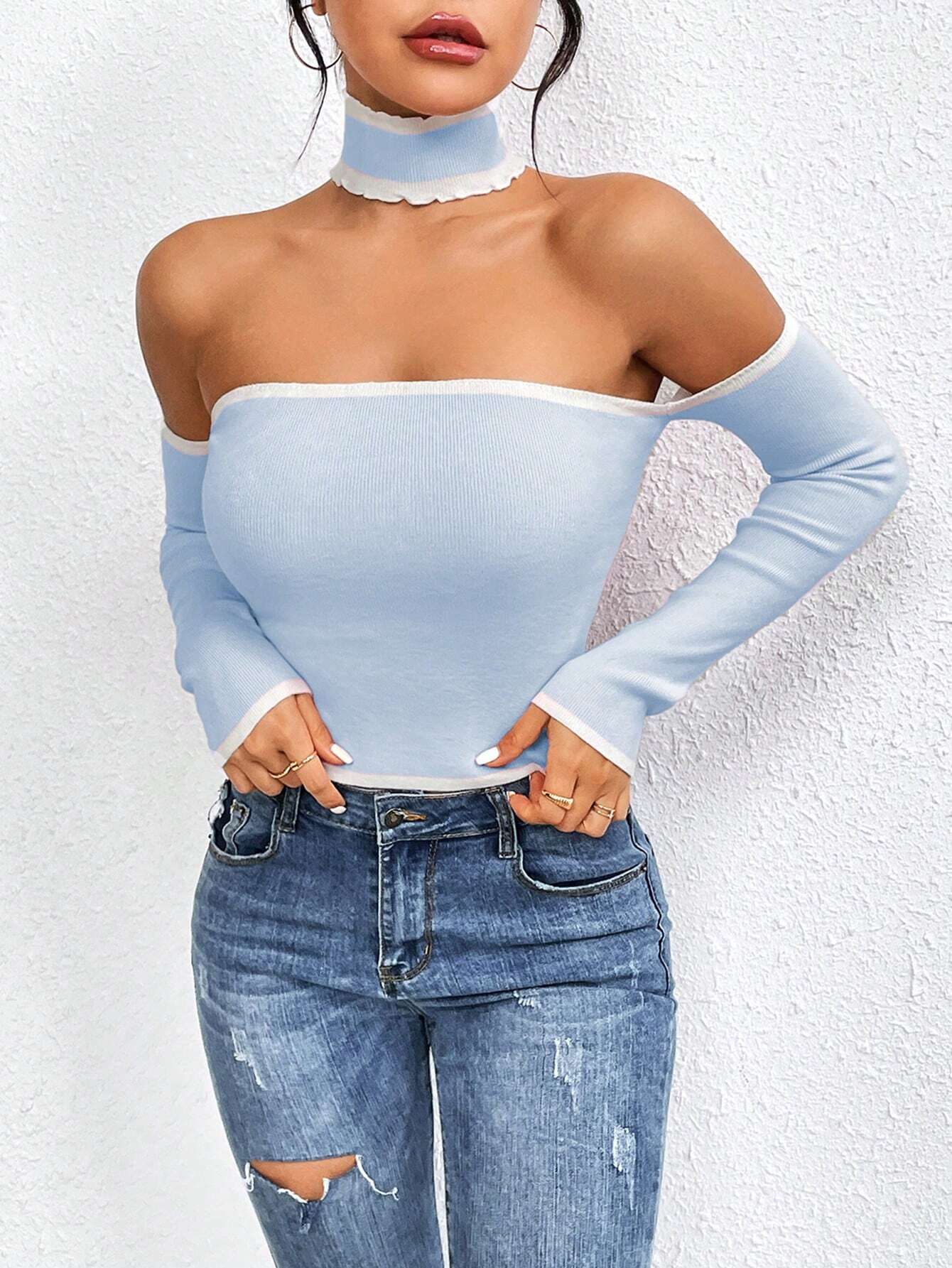 SHEIN MOOSTA Color Block Knitted Pullover Sweater With Halter Design - Image 3