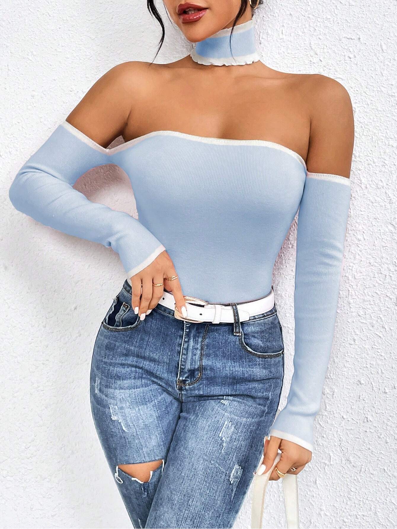 SHEIN MOOSTA Color Block Knitted Pullover Sweater With Halter Design - Image 4