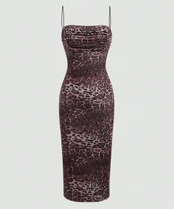 SHEIN EZwear Women's Leopard Print Ruched Maxi Camisole Dress, Fitted