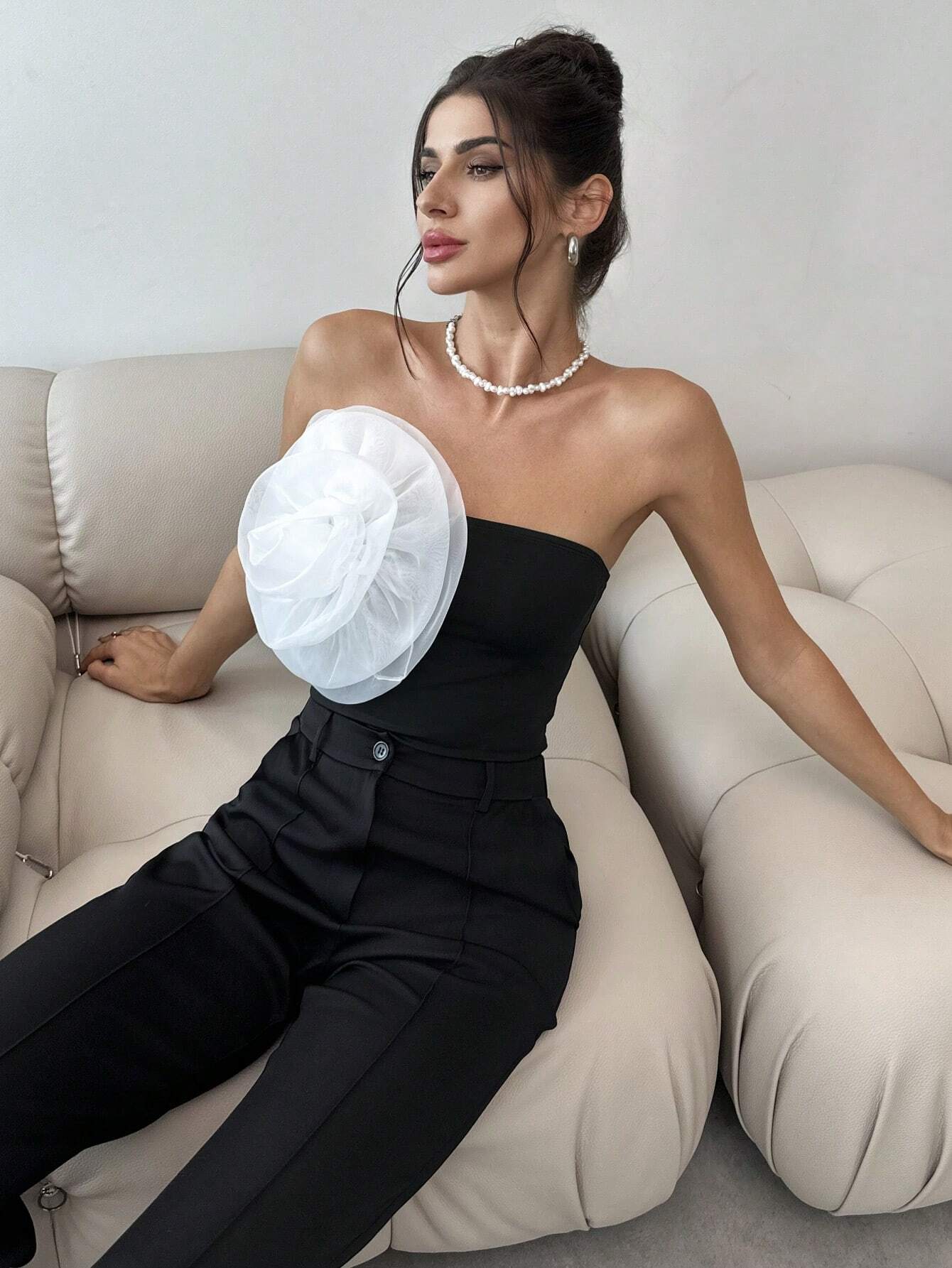 SHEIN Privé Elegant Floral Decor Bandeau Bodysuit For Party, Holiday, Romantic Date