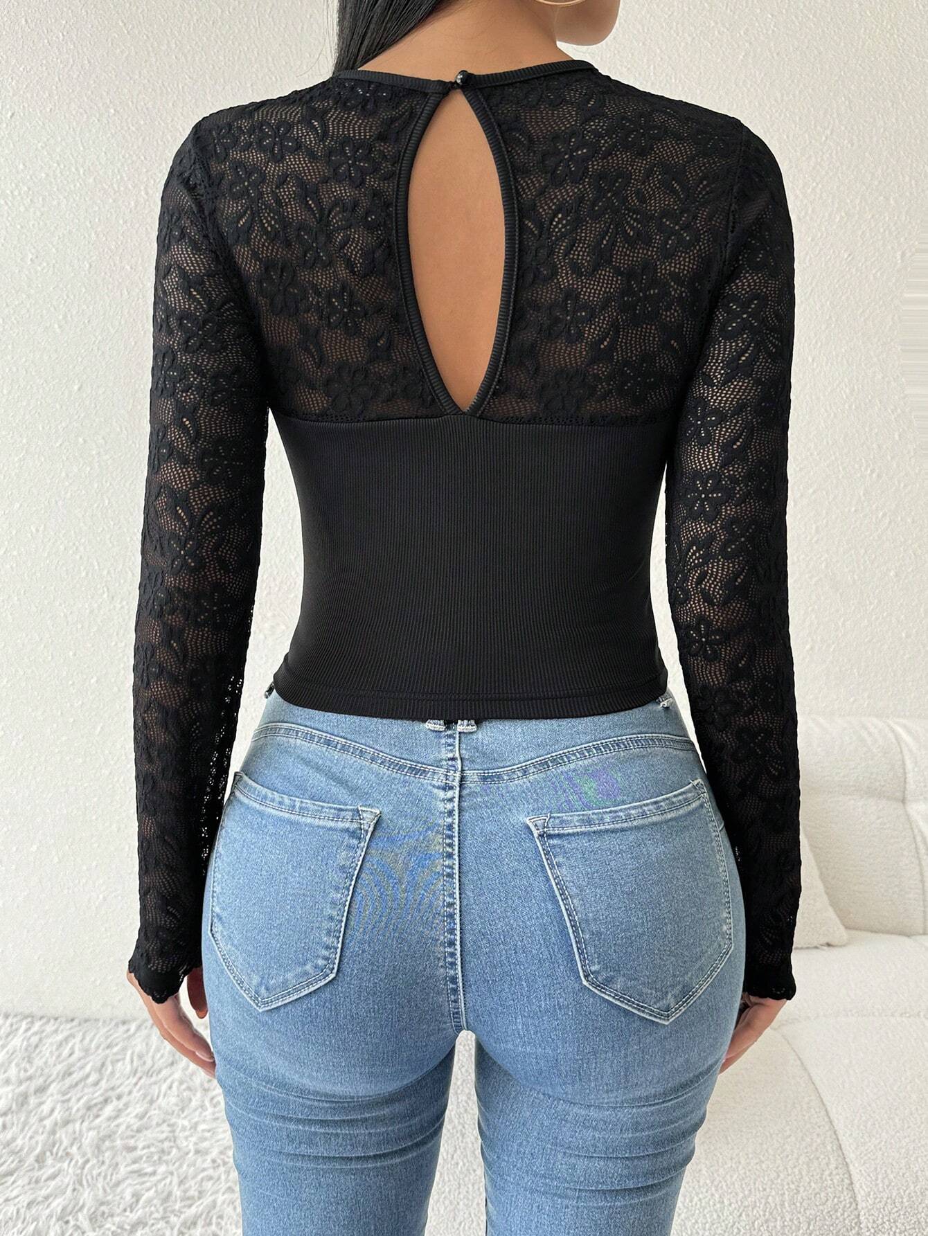SHEIN Privé Women's Solid Color Contrast Lace Asymmetrical Collar Fitted Blouse - Image 2