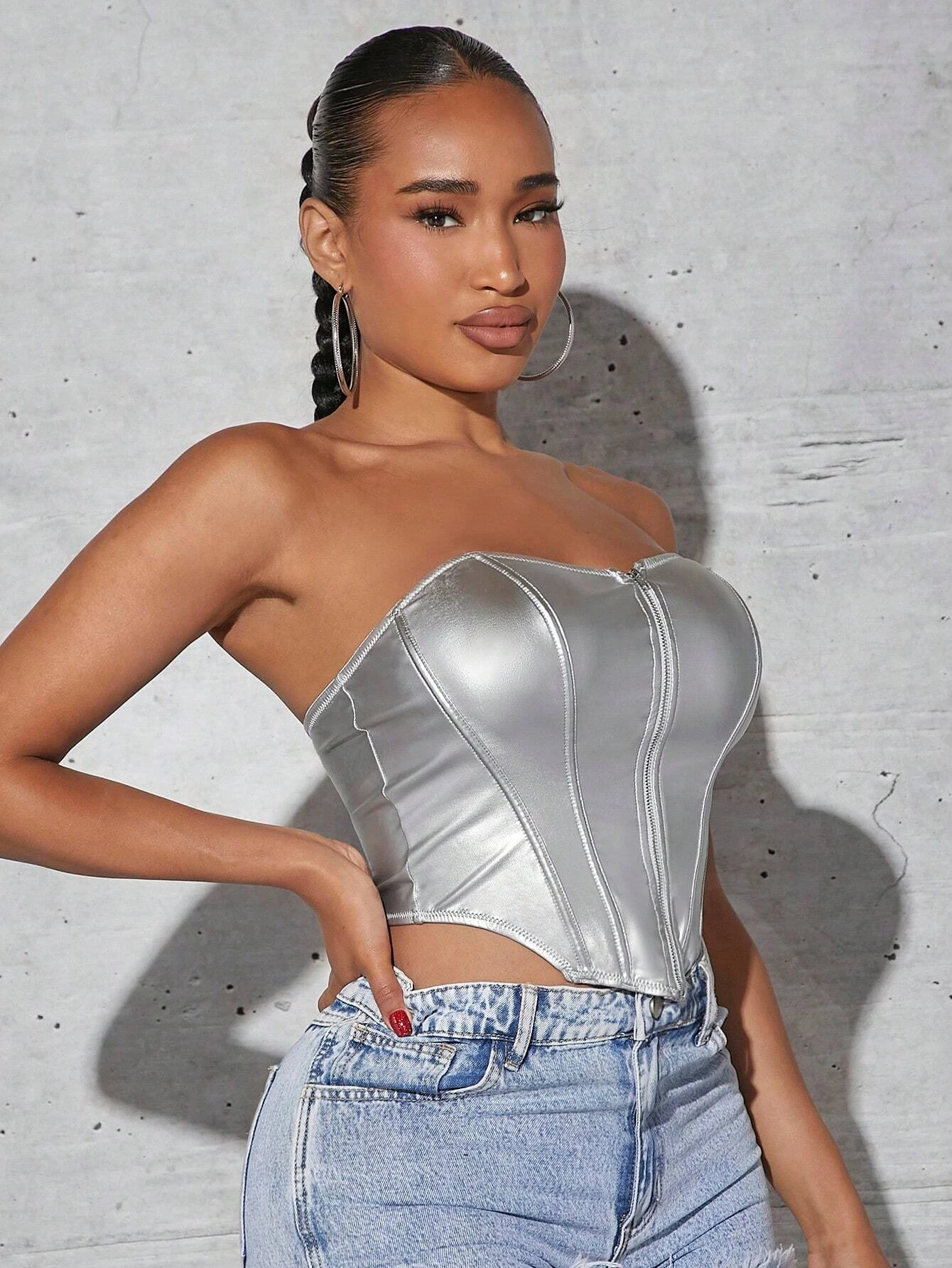 SHEIN SXY Solid Zip Up PU Leather Tube Top - Image 3