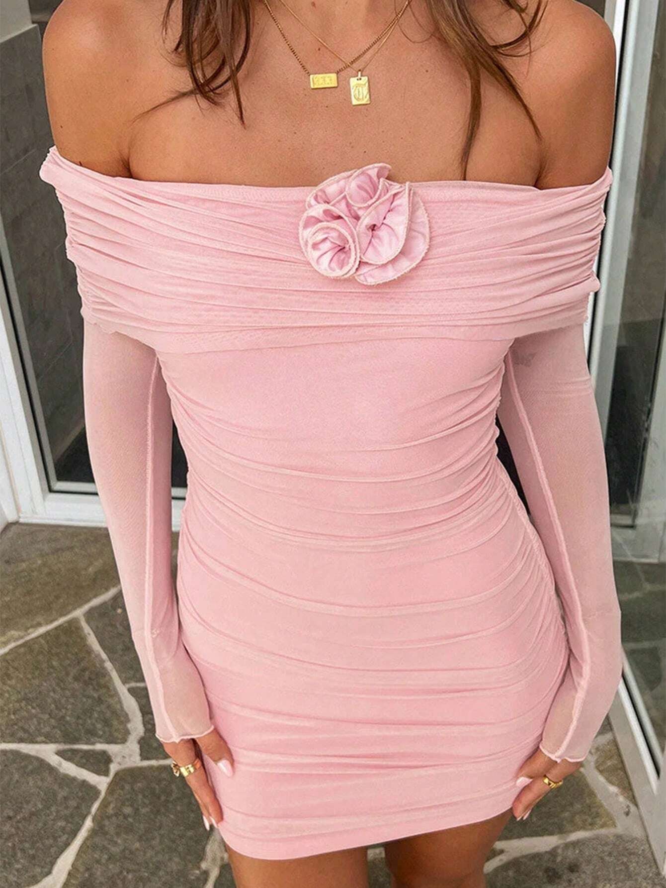 SHEIN SXY Women`S Solid Color 3D Floral Decor Off Shoulder Mini Dress