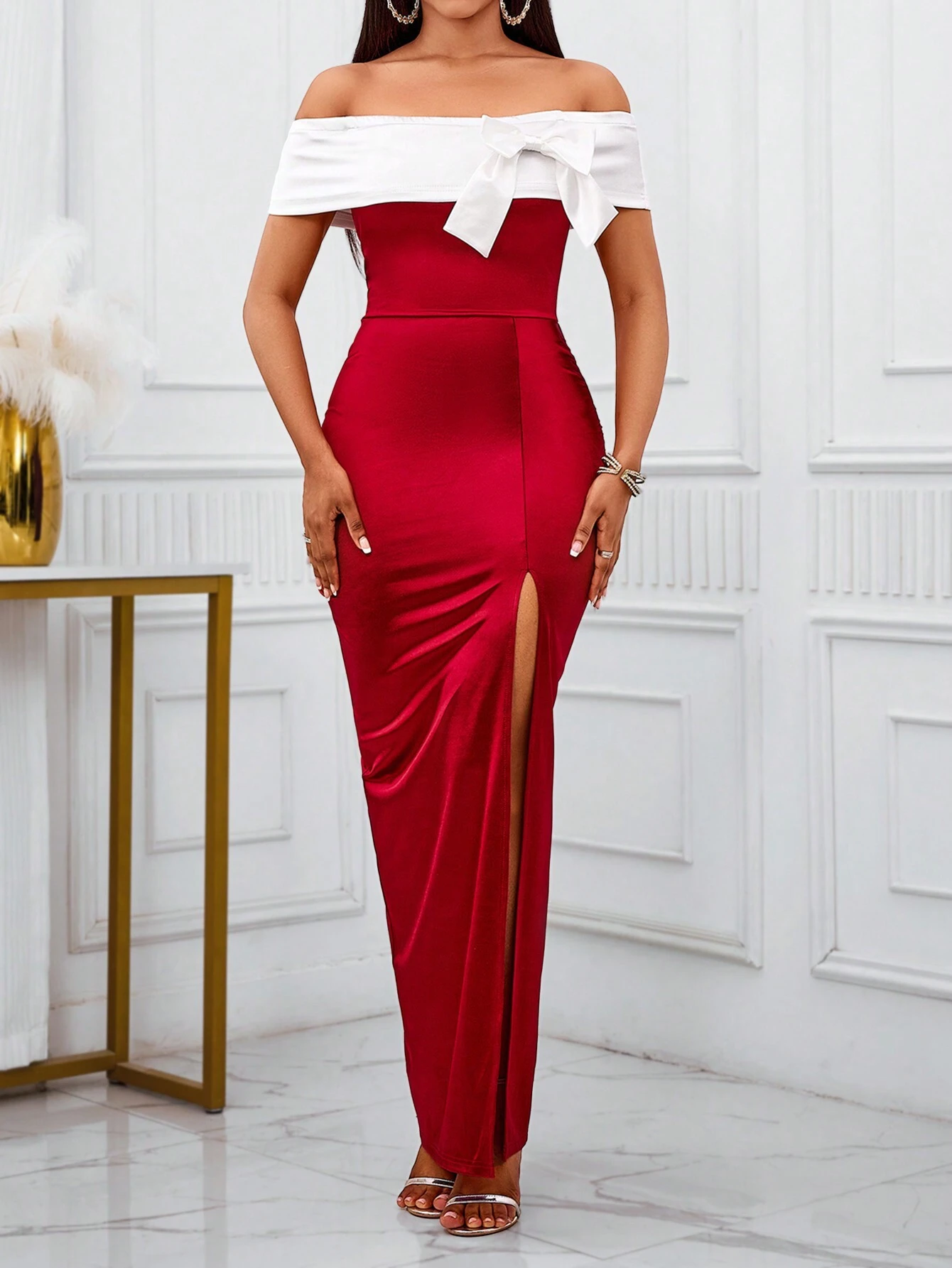 SHEIN SXY Women's Colorblock Off Shoulder Bow Accent Thigh High Slit Hem Maxi Bodycon Dress - Image 3