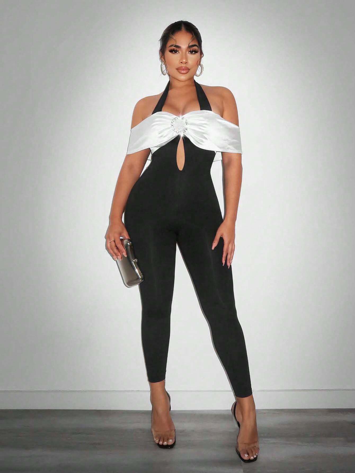 SHEIN SXY Women's Deep V-Neck Bodycon Jumpsuit