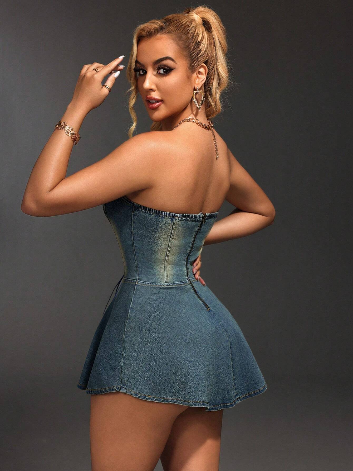 SHEIN SXY Women's Solid Color Simple Style Strapless Denim Dress For Daily Wear - Image 2