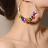 SHEIN 1pair Luxury European And American Fashion Exaggerated Metal & Multicolor Crystal Inlaid Round Hoop Earrings