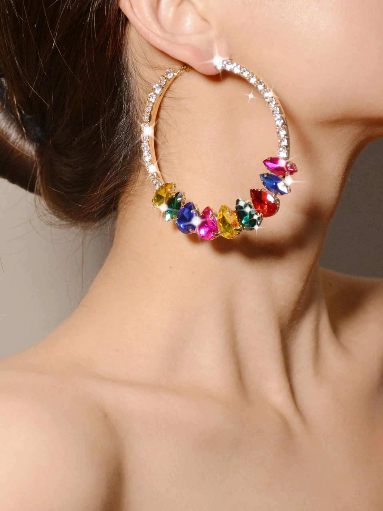 SHEIN 1pair Luxury European And American Fashion Exaggerated Metal & Multicolor Crystal Inlaid Round Hoop Earrings